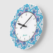 Grande Horloge Ronde Fleurs rétro colorées tons bleus (Angle)