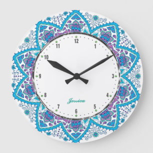 Grande Horloge Ronde Fleurs rétro colorées tons bleus