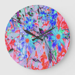 Grande Horloge Ronde Fleurs rétro psychédéliques vert aqua et orange
