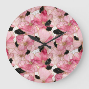 Grande Horloge Ronde Fleurs roses artistiques Encre noire abstraite