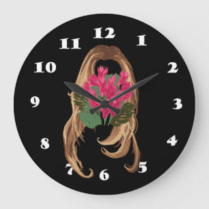 Grande Horloge Ronde Fleurs roses et visage femme