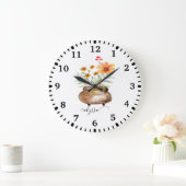 Grande Horloge Ronde Fleurs roses roses rouillées Nom du script tendanc (Maison)