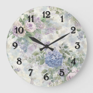 Grande Horloge Ronde Fleurs roses violettes romantiques
