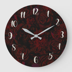 Grande Horloge Ronde Fleurs rouges romantiques de jardin sombre gothiqu