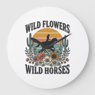 Grande Horloge Ronde Fleurs sauvages Chevaux sauvages Chemise florale o