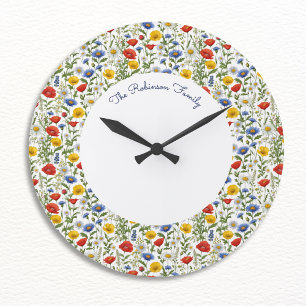 Grande Horloge Ronde Fleurs sauvages colorées d'été Fleurs personnalisé