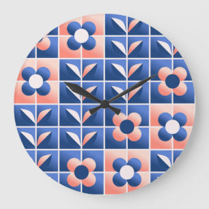 Grande Horloge Ronde Fleurs stylisées rétro : motif en mosaïque.