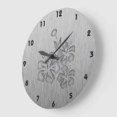 Grande Horloge Ronde Fleurs tropicales à aspect métallique brossé (Angle)