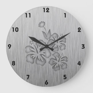 Grande Horloge Ronde Fleurs tropicales à aspect métallique brossé