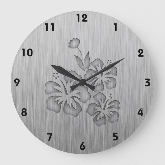 Grande Horloge Ronde Fleurs tropicales à aspect métallique brossé (Recto)