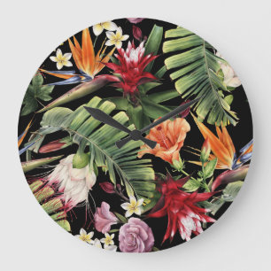 Grande Horloge Ronde Fleurs tropicales : aquarelle à motif floral trans