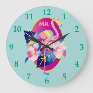 Grande Horloge Ronde Fleurs tropicales de ketmie de Flamant rose assez