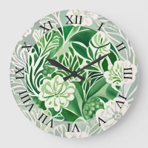 Grande Horloge Ronde Fleurs vertes, motif design vintage