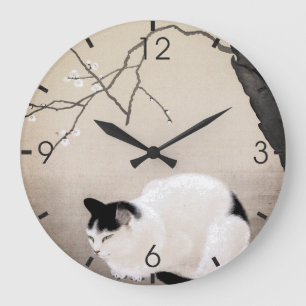 Grande Horloge Ronde Fleurs vintages de chats et de prunes Art japonais