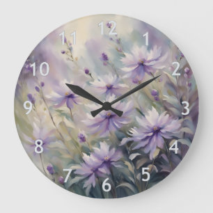 Grande Horloge Ronde Fleurs violettes douces et romantiques
