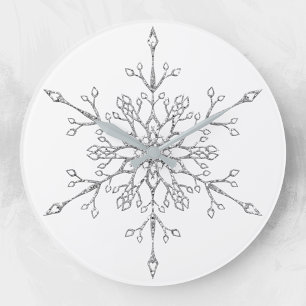 Grande Horloge Ronde Flocon de neige de Noël paillettes argentées éléga