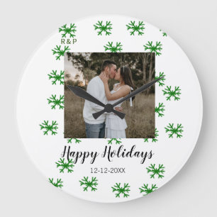 Grande Horloge Ronde flocons de neige rouge vert texte photo joyeux noë