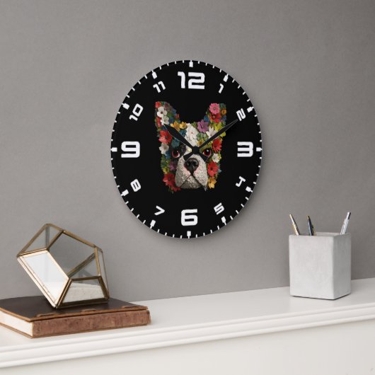 Grande Horloge Ronde Floral 3D Boston Terrier (Bureau)