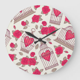 Grande Horloge Ronde Floral Bird Cages Rose Motif