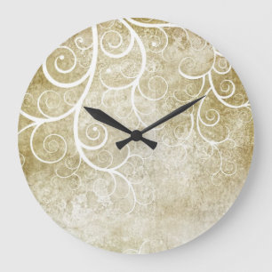 Grande Horloge Ronde Floral blanc sur l'horloge grunge beige d'arrière