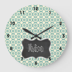 Grande Horloge Ronde Floral bleu-vert et crème ; tableau Vintage