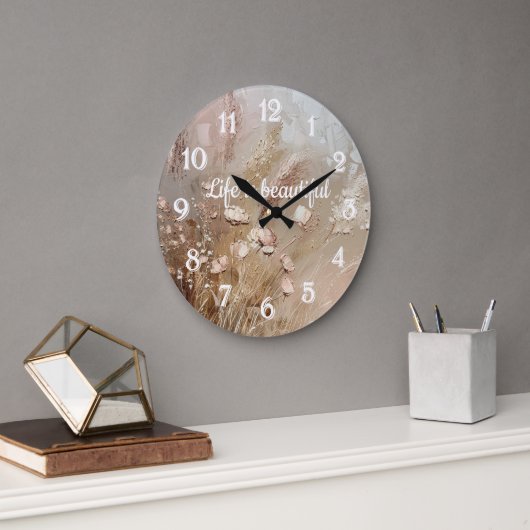 Grande Horloge Ronde Floral Boho Beige Blanc (Bureau)