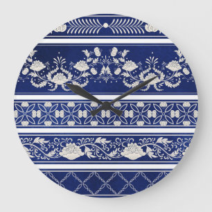 Grande Horloge Ronde Floral chinois Bleu : Bordures d'aquarelle Vintage