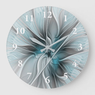 Grande Horloge Ronde Floral Fractal Moderne Fleur Abstrait gris bleu