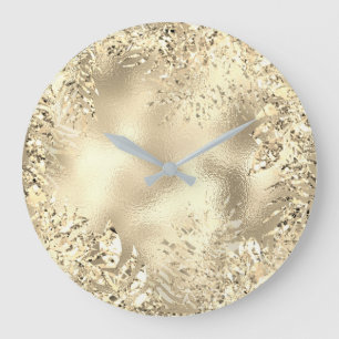 Grande Horloge Ronde Floral métallique de feuilles de palmier d'or de