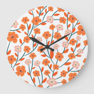 Grande Horloge Ronde Floral Orange Pastel Blanc sans couture