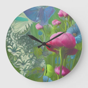 Grande Horloge Ronde Floral rose, bleu et blanc muet