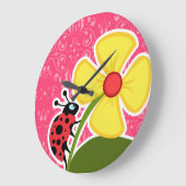 Grande Horloge Ronde Floral rose ; coccinelle (Angle)