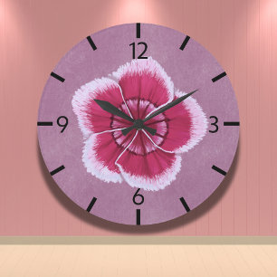 Grande Horloge Ronde Floral rose moderne Dianthus tiré à la main