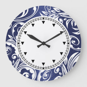 Grande Horloge Ronde Flore blanc bleu et élégant