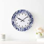 Grande Horloge Ronde Flore blanc bleu et élégant (Maison)