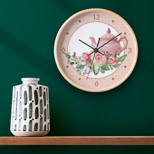 Grande Horloge Ronde Flore de théière rose