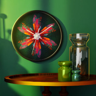 Grande Horloge Ronde Flore Mandala Flowers Orange Red Blue Abstract