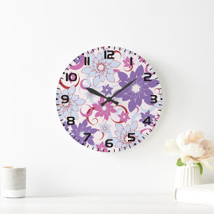 Grande Horloge Ronde Flore Vibrante Motif Floral Purple Rose Fleurs Ble