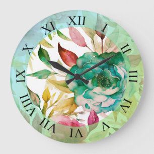 Grande Horloge Ronde Flores d'aquarelle bleu Rose pourpre