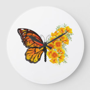 Grande Horloge Ronde Flower Butterfly with Yellow California Poppy
