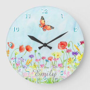 Grande Horloge Ronde flowersprwersprwers flower watercolors customizabl