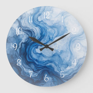 Grande Horloge Ronde Flux Bleu Harmonieux Abstrait Bleu Blanc