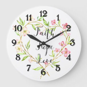 Grande Horloge Ronde Foi Espoir Amour Rose Aquarelle Floral Coeur