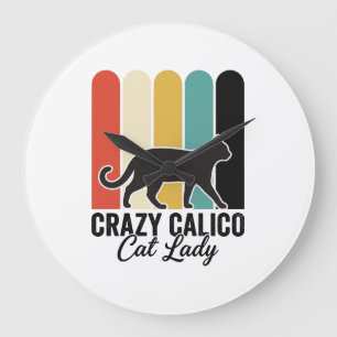 Grande Horloge Ronde Folle Dame au Chat Calico Vintage Design Rétro Cha