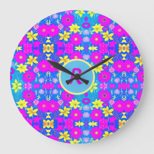 Grande Horloge Ronde Fond à motif de fleurs rose bleu jaune ajouter nom