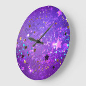 Grande Horloge Ronde Fond de papier d'aluminium violet avec des étoiles (Angle)