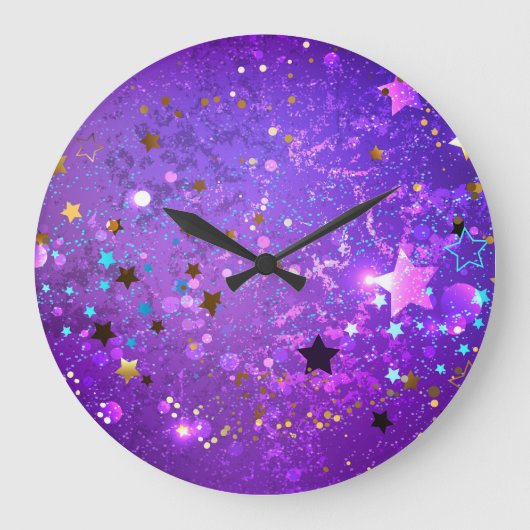 Grande Horloge Ronde Fond de papier d'aluminium violet avec des étoiles (Recto)