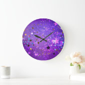 Grande Horloge Ronde Fond de papier d'aluminium violet avec des étoiles (Maison)