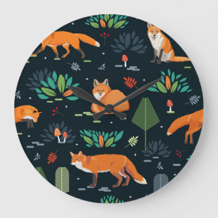 Grande Horloge Ronde Foxes Arbres Feuilles Dark Arrière - plan