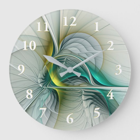 Grande Horloge Ronde Fractal Evolution, Golden Turquoise Abstract Art (Recto)